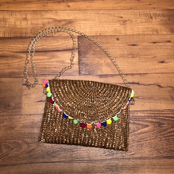 Pom-Pom Embellished Flap Straw Crossbody Bag - Picture 3 of 10